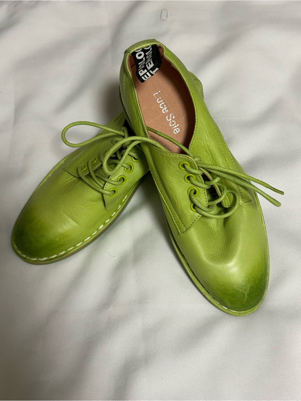 Luce Sole women’s shoes Lime Green Leather Lace-Up Flats by